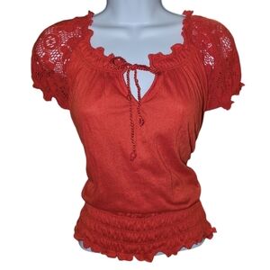 Red Lace Sleeve Women's Top